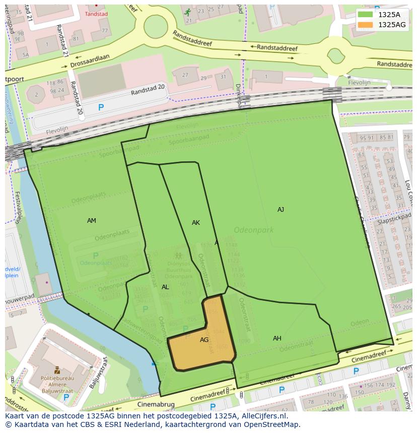 Afbeelding van het postcodegebied 1325 AG op de kaart.