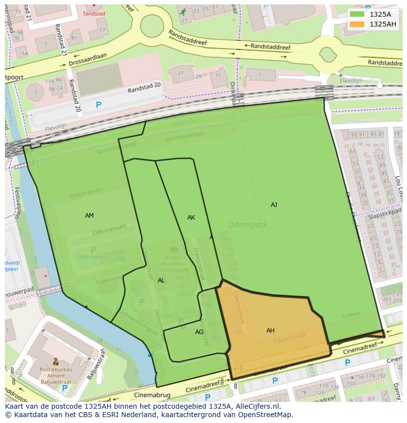 Afbeelding van het postcodegebied 1325 AH op de kaart.