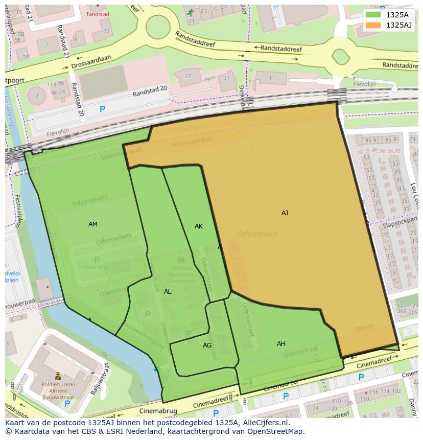 Afbeelding van het postcodegebied 1325 AJ op de kaart.