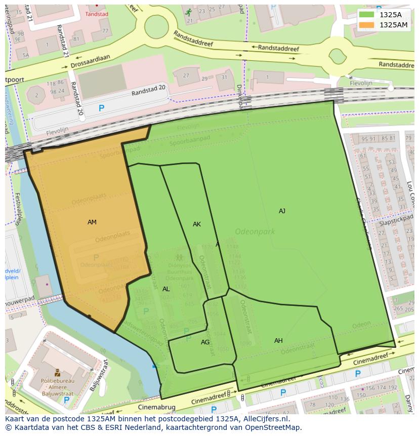 Afbeelding van het postcodegebied 1325 AM op de kaart.