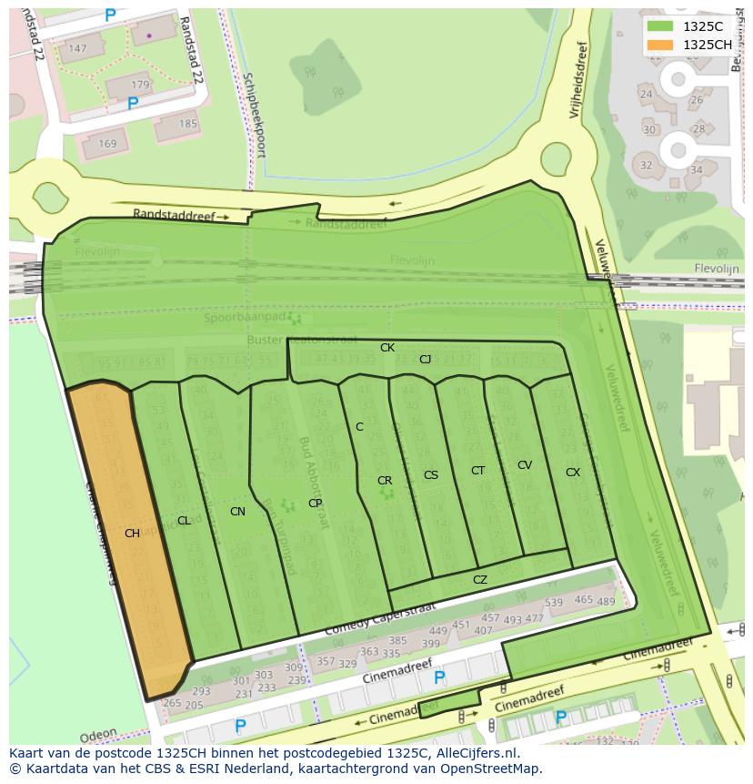 Afbeelding van het postcodegebied 1325 CH op de kaart.