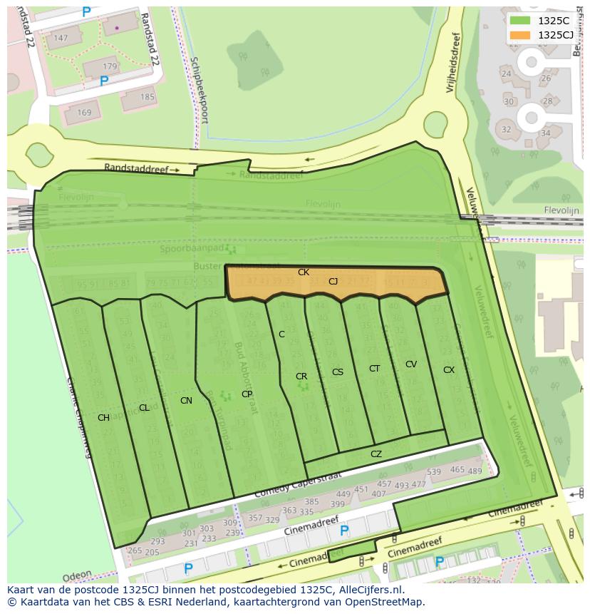 Afbeelding van het postcodegebied 1325 CJ op de kaart.
