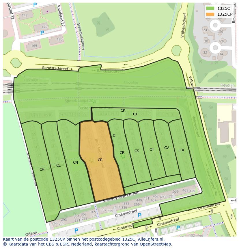 Afbeelding van het postcodegebied 1325 CP op de kaart.