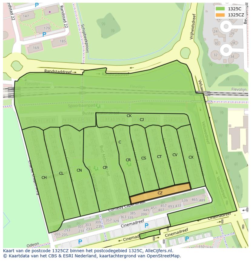 Afbeelding van het postcodegebied 1325 CZ op de kaart.