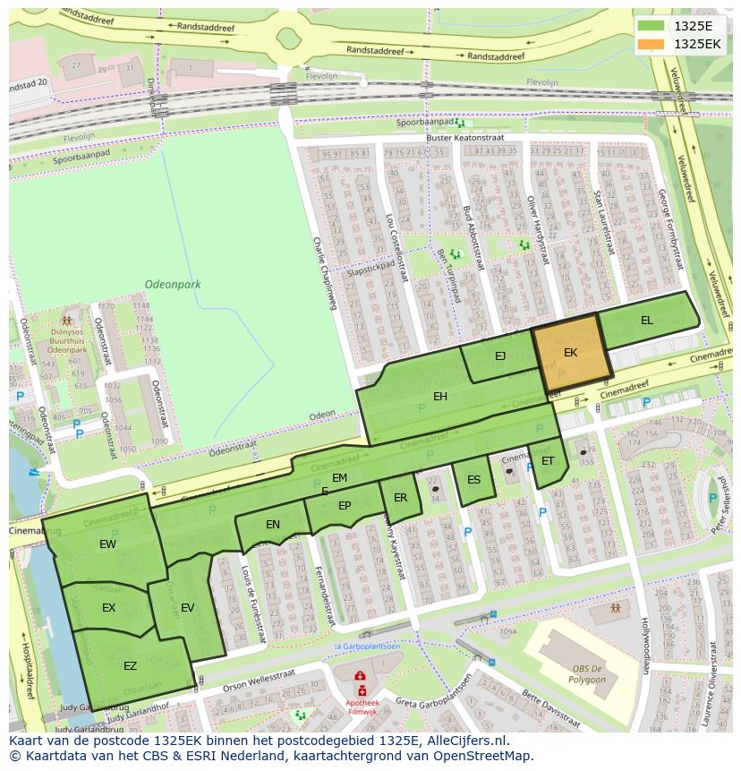 Afbeelding van het postcodegebied 1325 EK op de kaart.