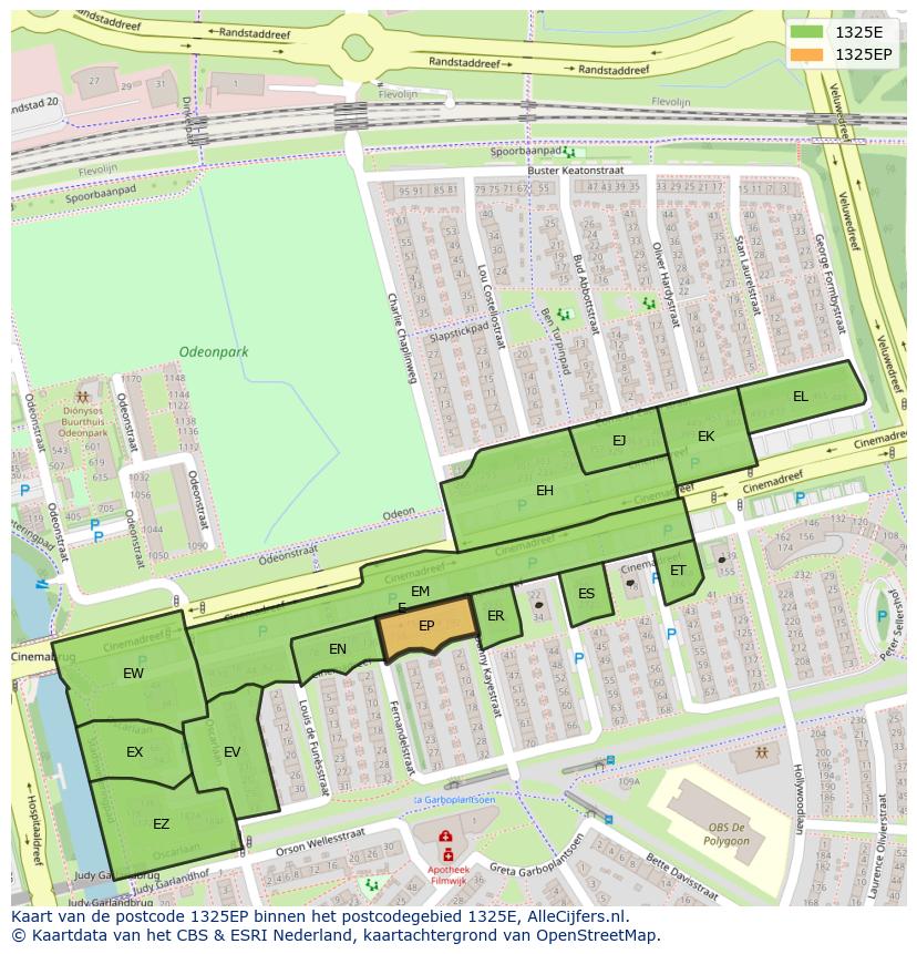 Afbeelding van het postcodegebied 1325 EP op de kaart.