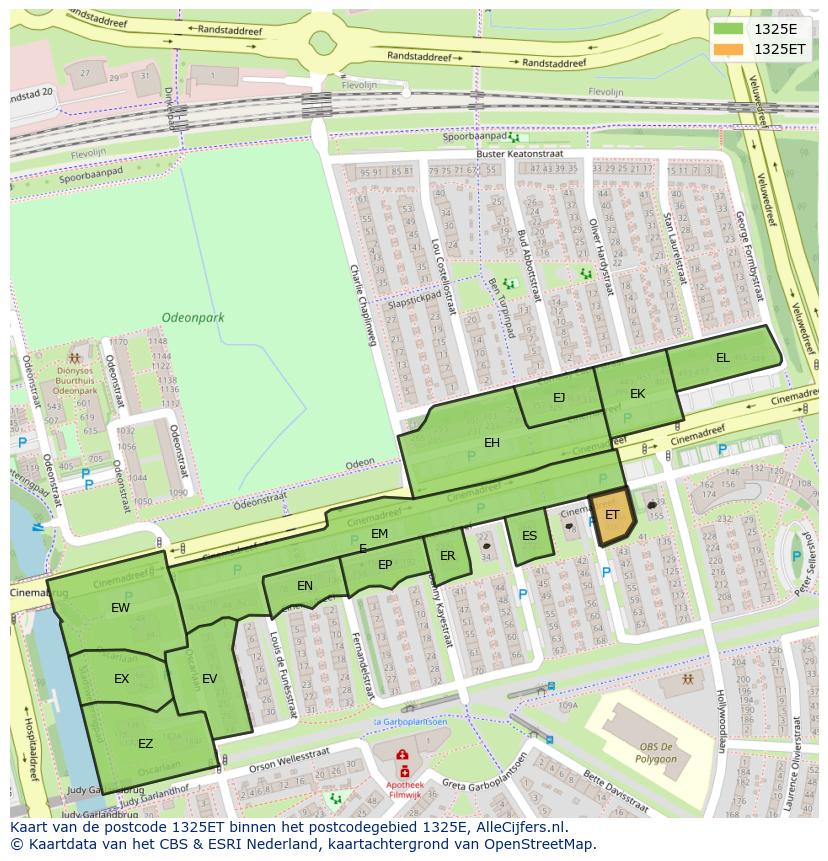 Afbeelding van het postcodegebied 1325 ET op de kaart.