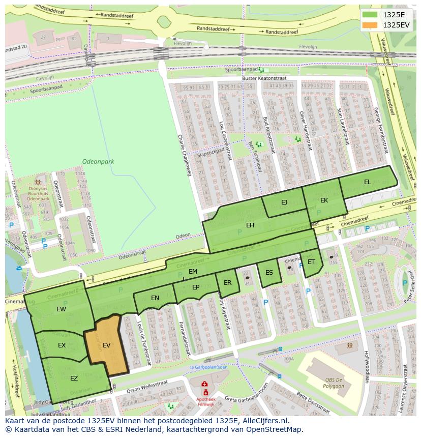 Afbeelding van het postcodegebied 1325 EV op de kaart.