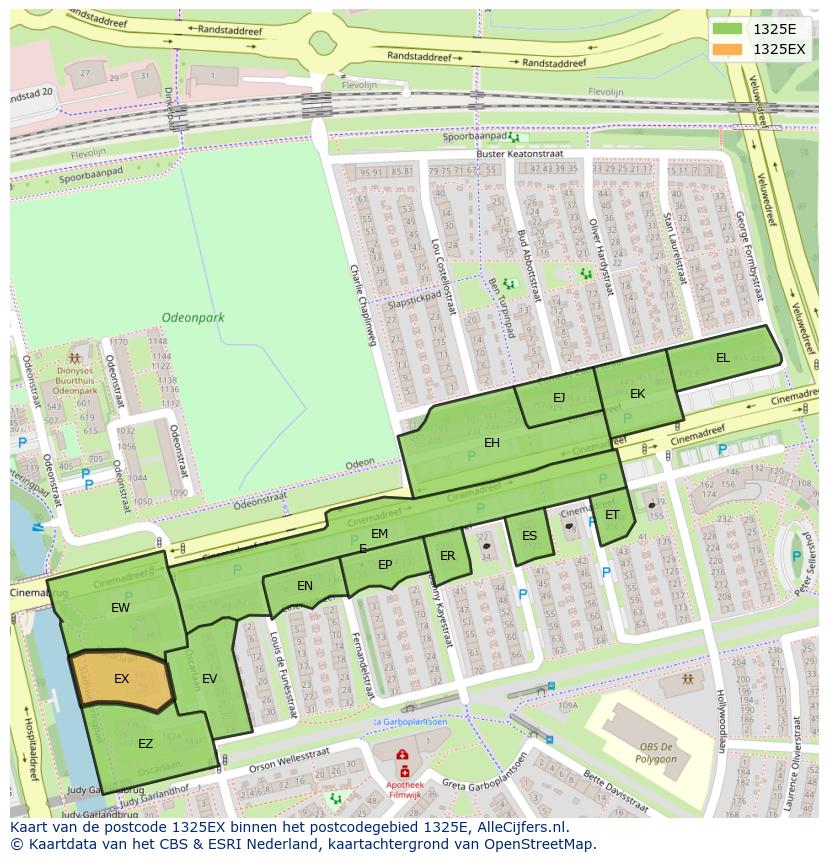 Afbeelding van het postcodegebied 1325 EX op de kaart.