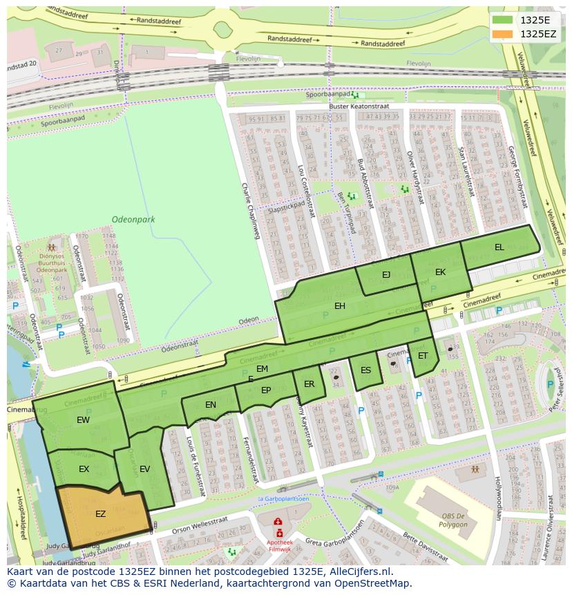 Afbeelding van het postcodegebied 1325 EZ op de kaart.