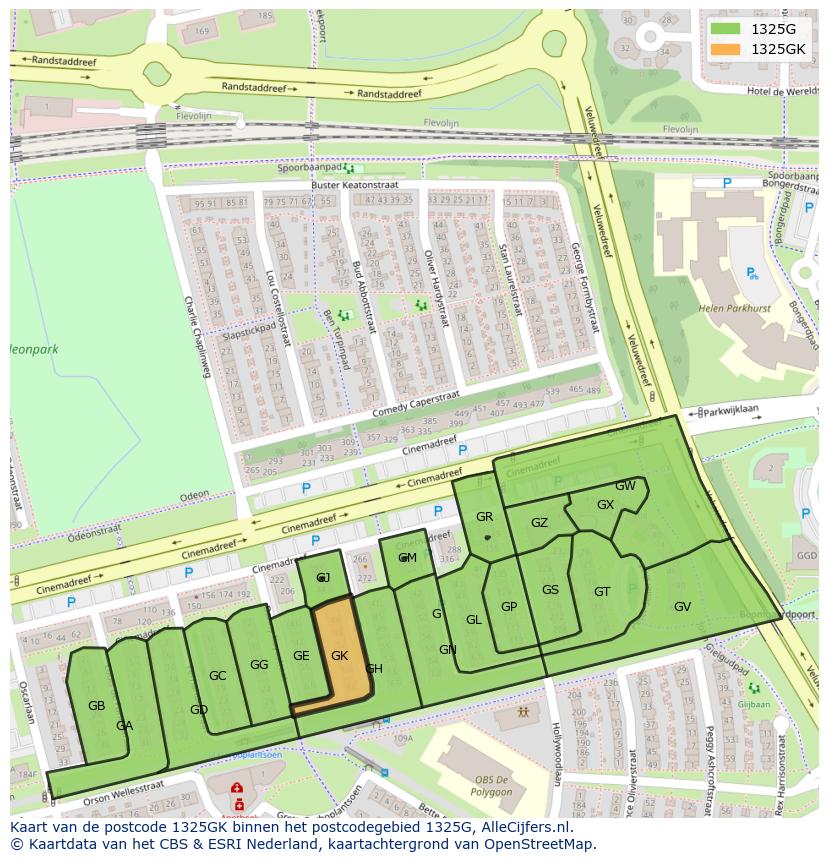 Afbeelding van het postcodegebied 1325 GK op de kaart.