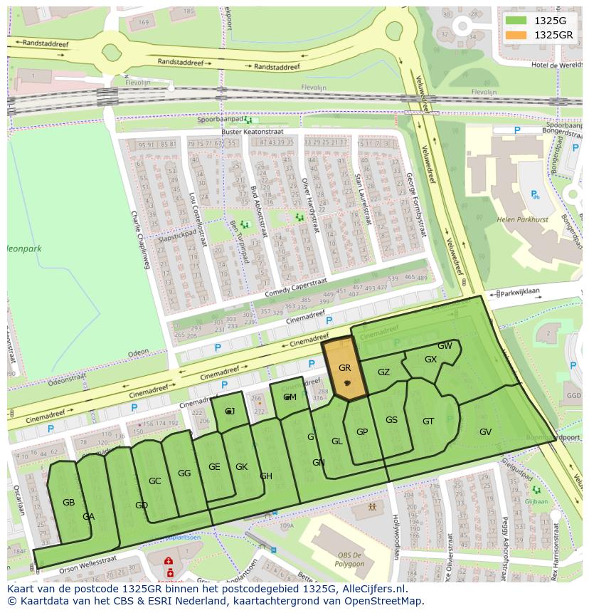 Afbeelding van het postcodegebied 1325 GR op de kaart.