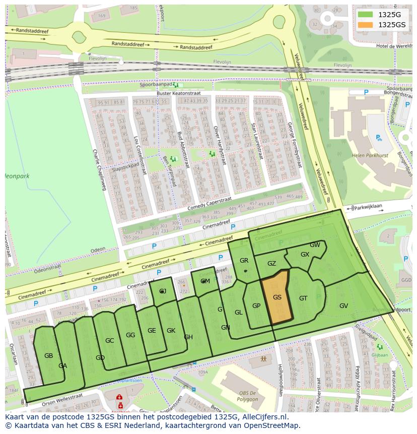 Afbeelding van het postcodegebied 1325 GS op de kaart.