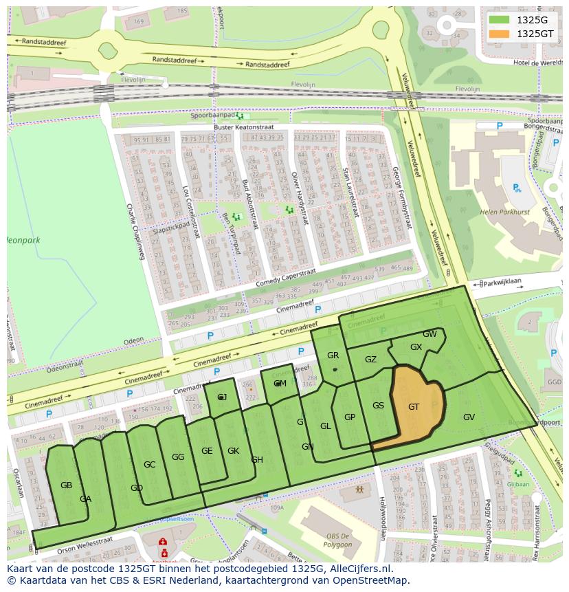 Afbeelding van het postcodegebied 1325 GT op de kaart.