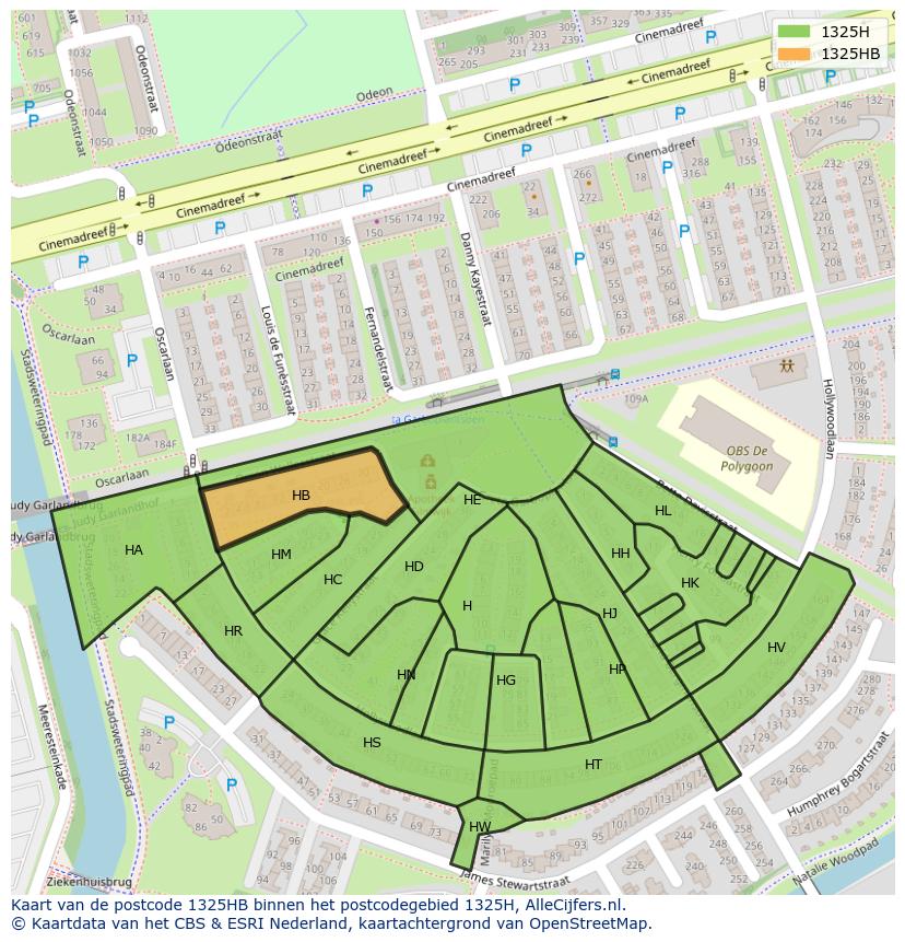 Afbeelding van het postcodegebied 1325 HB op de kaart.