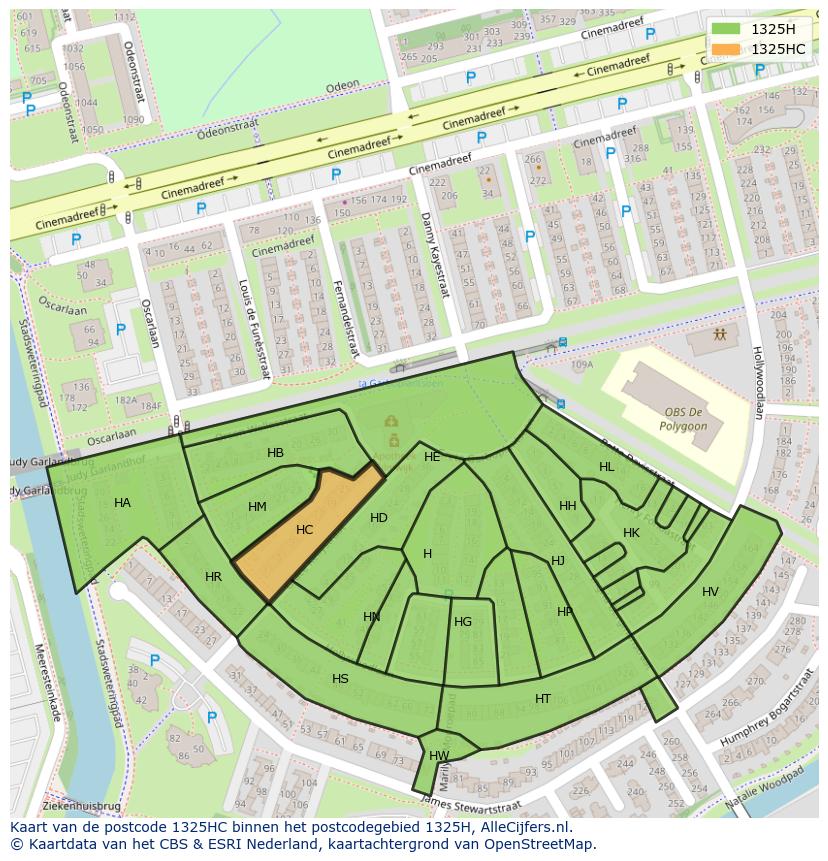 Afbeelding van het postcodegebied 1325 HC op de kaart.