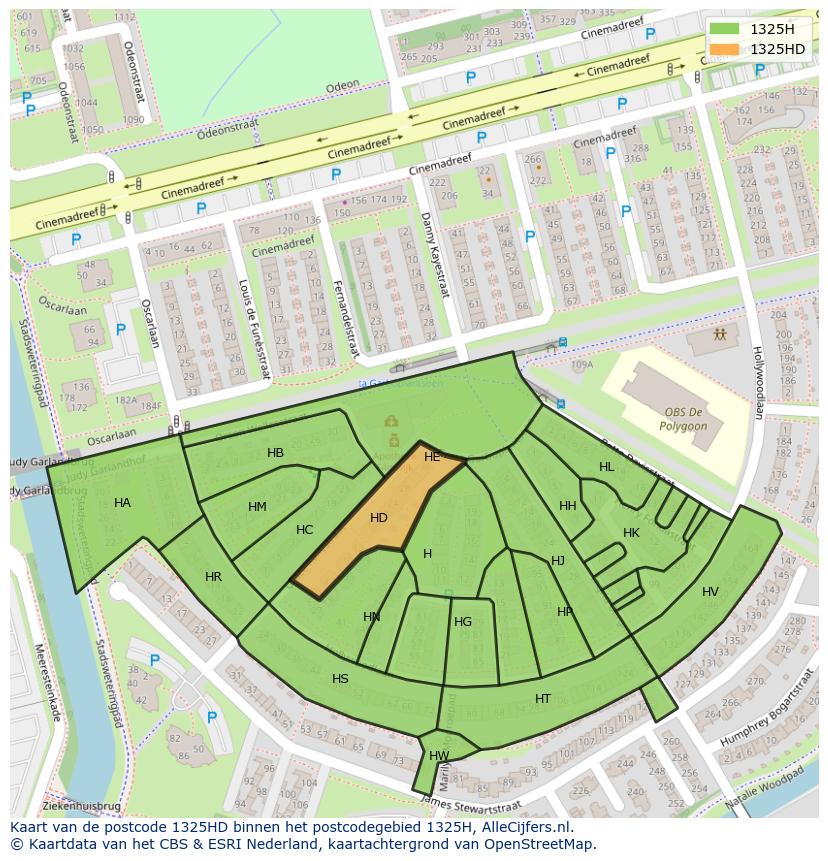 Afbeelding van het postcodegebied 1325 HD op de kaart.