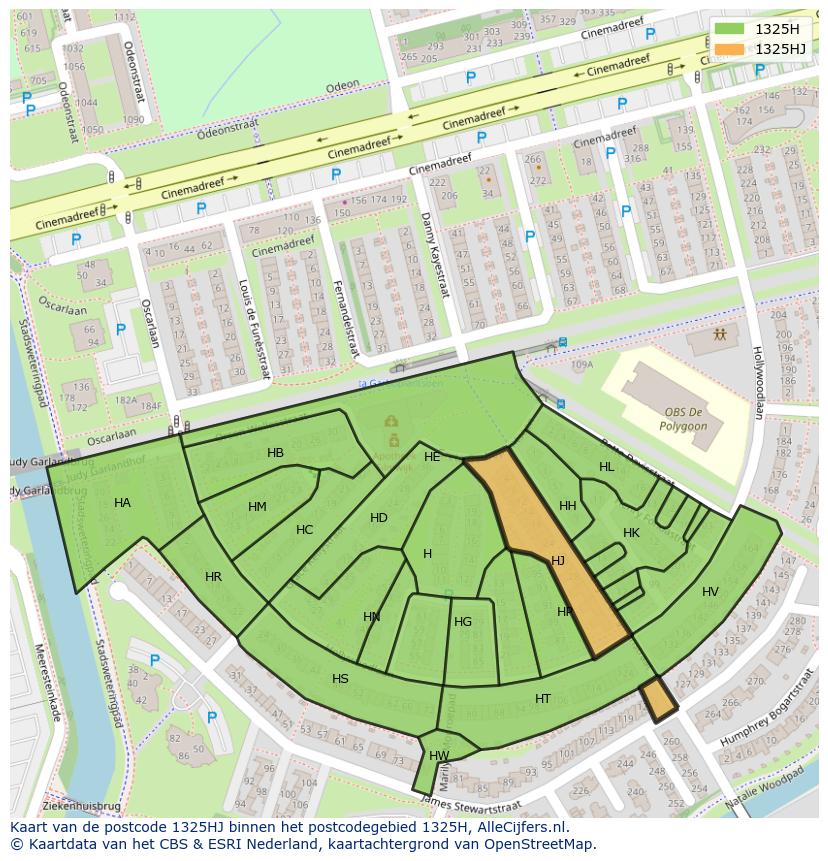 Afbeelding van het postcodegebied 1325 HJ op de kaart.
