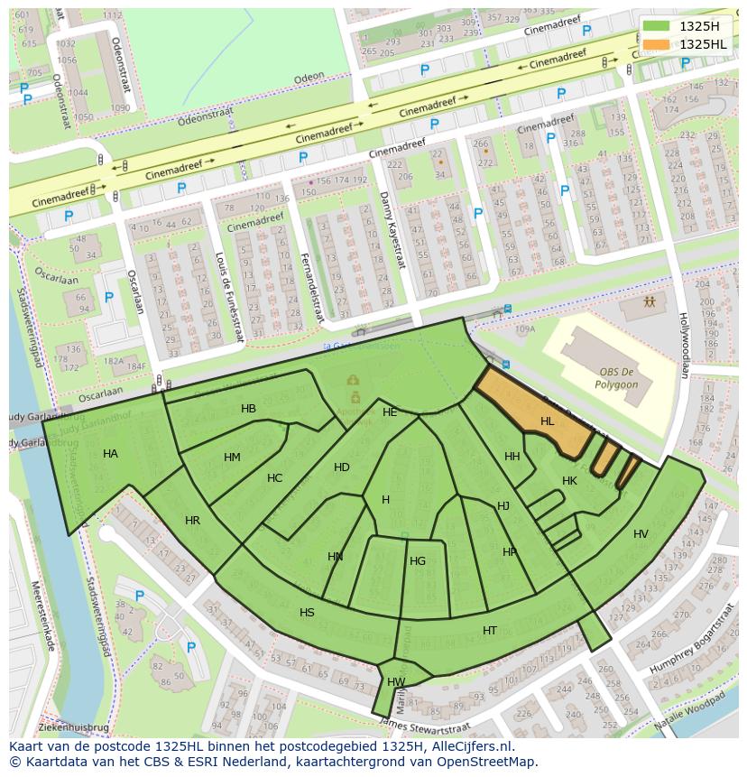 Afbeelding van het postcodegebied 1325 HL op de kaart.