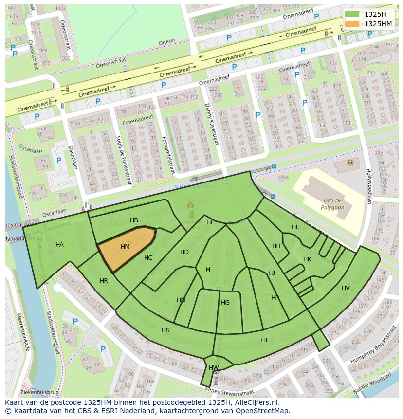 Afbeelding van het postcodegebied 1325 HM op de kaart.