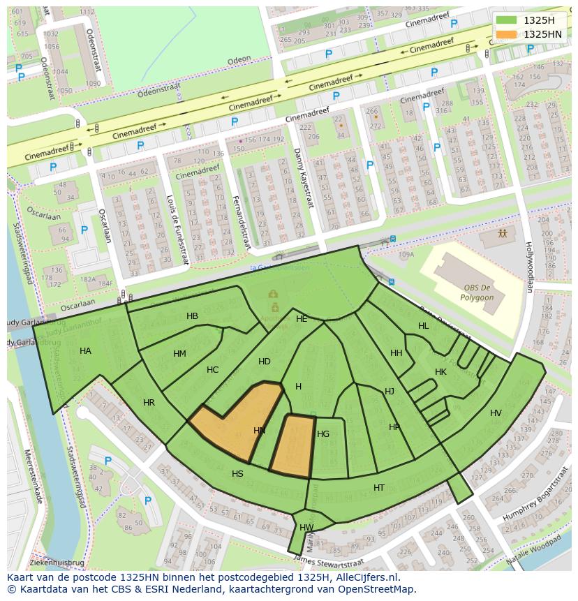 Afbeelding van het postcodegebied 1325 HN op de kaart.