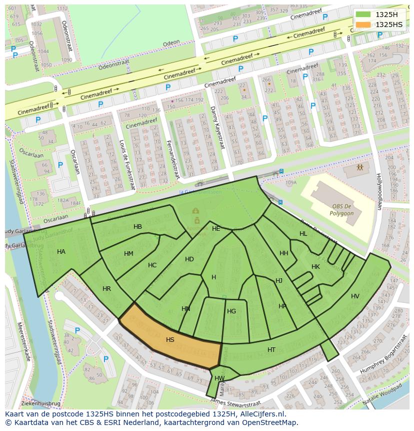 Afbeelding van het postcodegebied 1325 HS op de kaart.