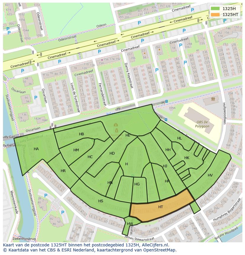 Afbeelding van het postcodegebied 1325 HT op de kaart.