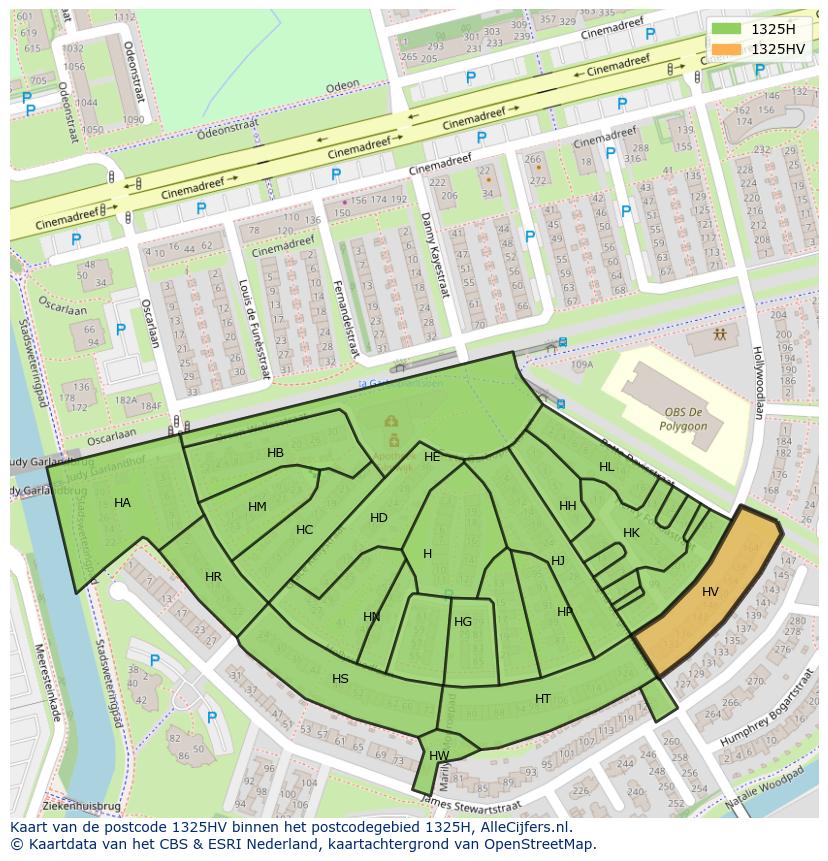 Afbeelding van het postcodegebied 1325 HV op de kaart.