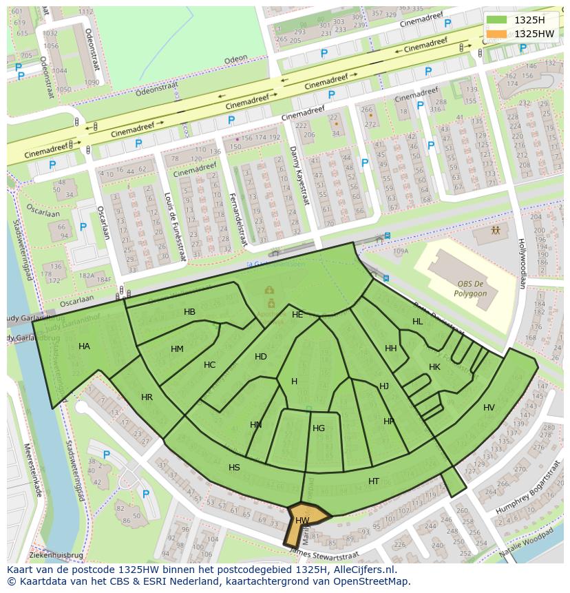 Afbeelding van het postcodegebied 1325 HW op de kaart.