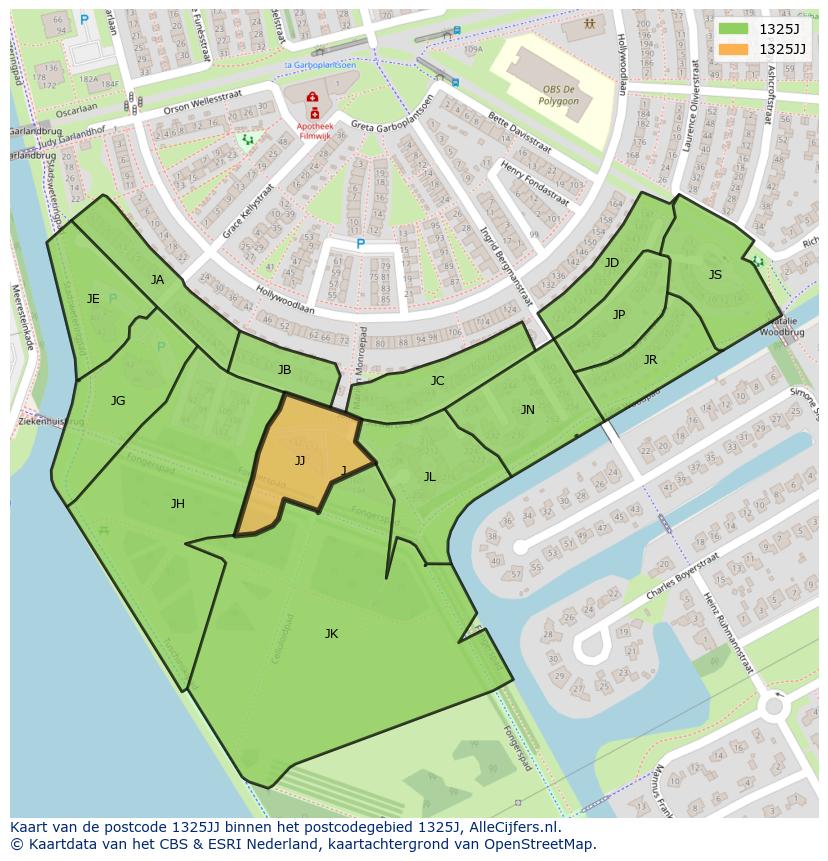 Afbeelding van het postcodegebied 1325 JJ op de kaart.