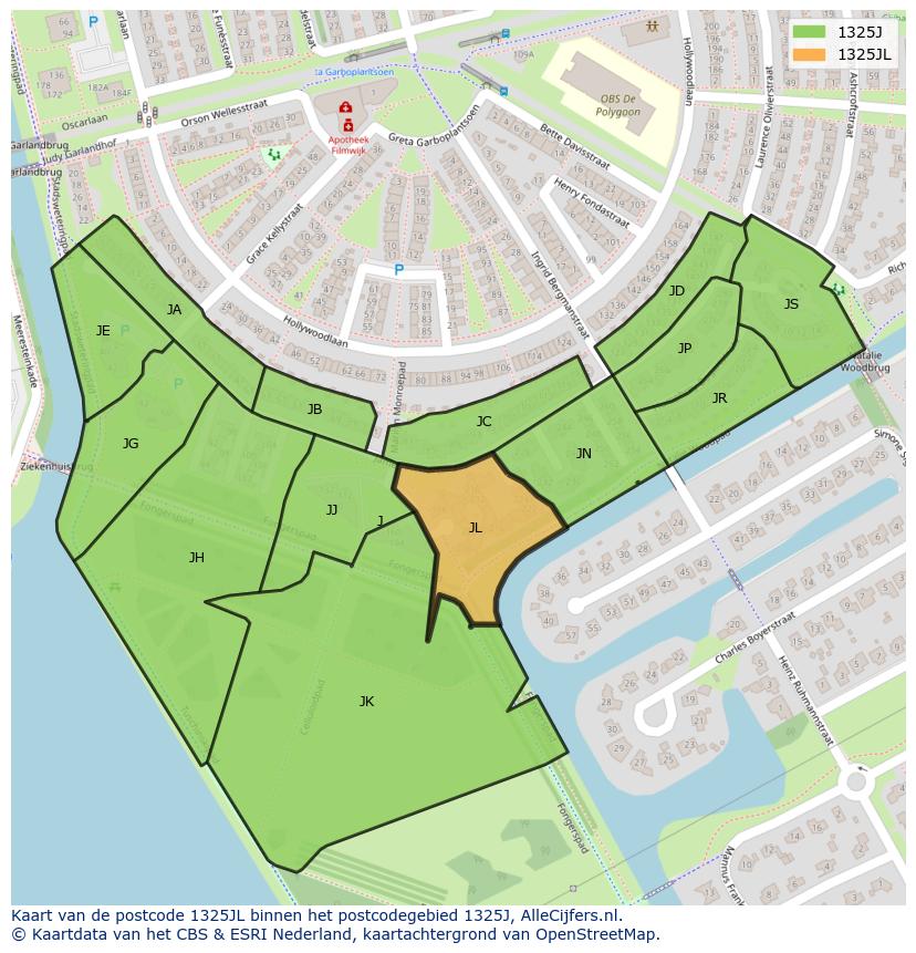 Afbeelding van het postcodegebied 1325 JL op de kaart.