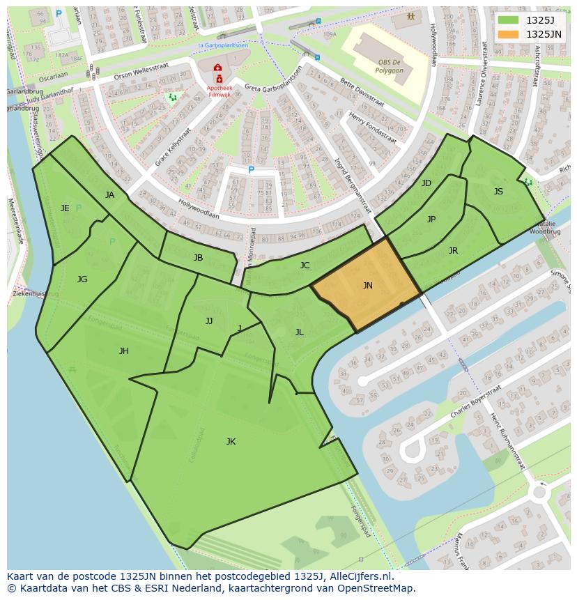 Afbeelding van het postcodegebied 1325 JN op de kaart.
