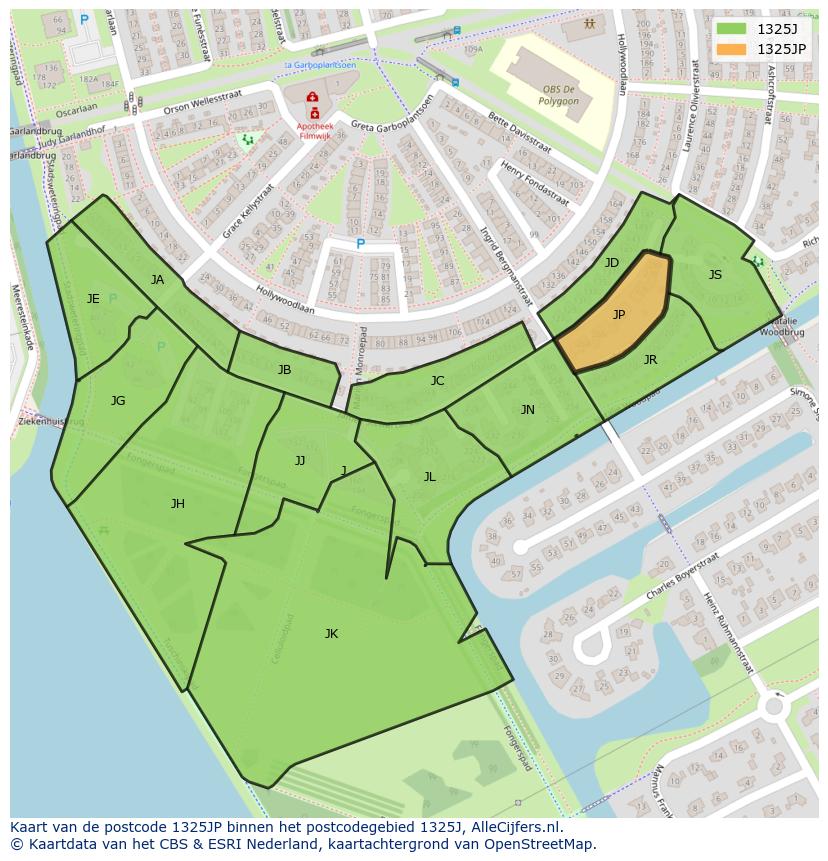 Afbeelding van het postcodegebied 1325 JP op de kaart.
