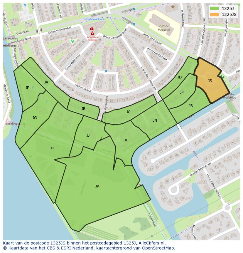 Afbeelding van het postcodegebied 1325 JS op de kaart.