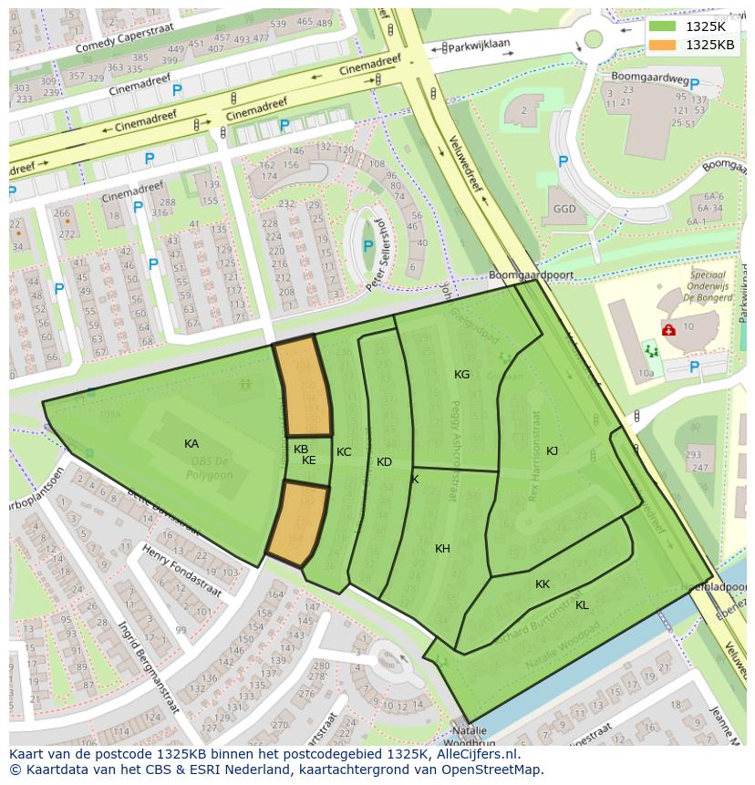 Afbeelding van het postcodegebied 1325 KB op de kaart.