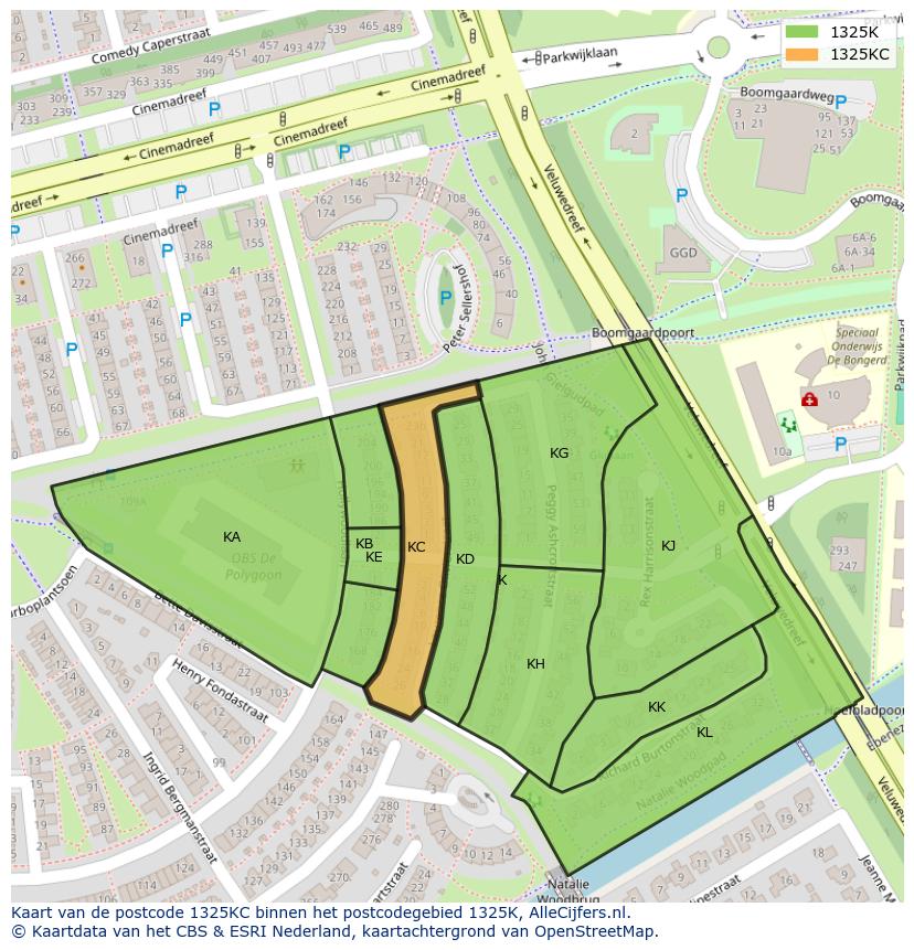 Afbeelding van het postcodegebied 1325 KC op de kaart.