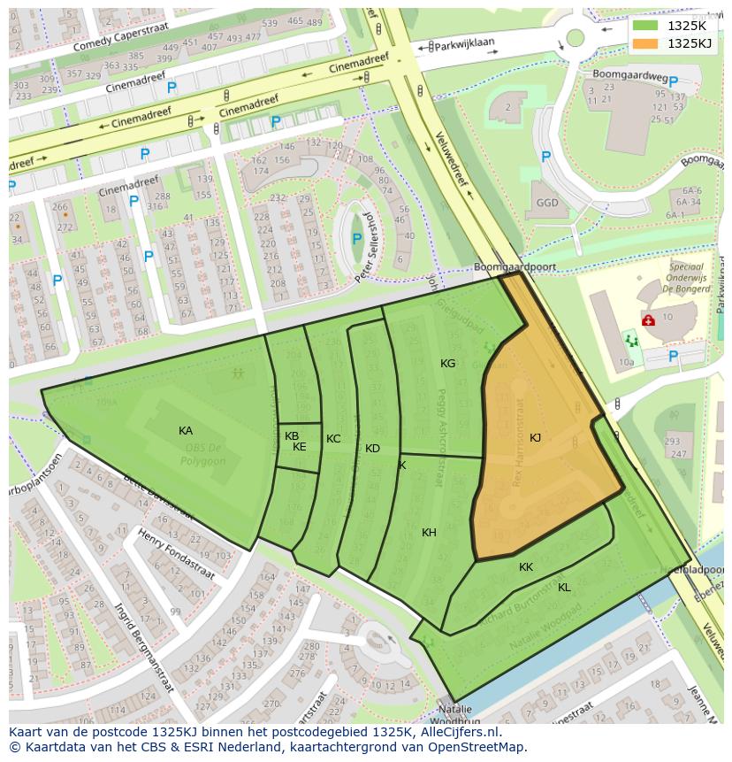 Afbeelding van het postcodegebied 1325 KJ op de kaart.