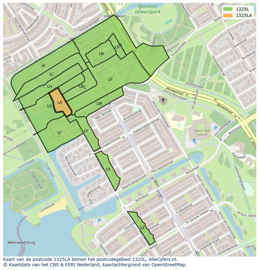 Afbeelding van het postcodegebied 1325 LA op de kaart.