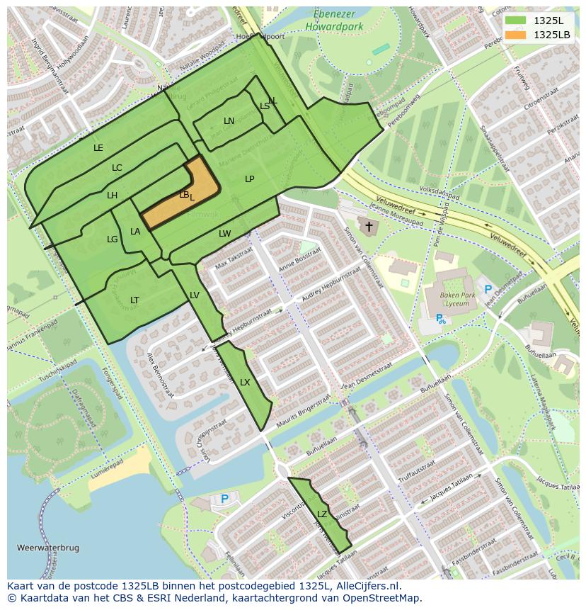 Afbeelding van het postcodegebied 1325 LB op de kaart.