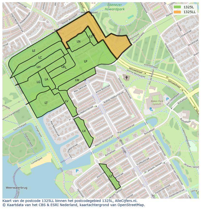 Afbeelding van het postcodegebied 1325 LL op de kaart.