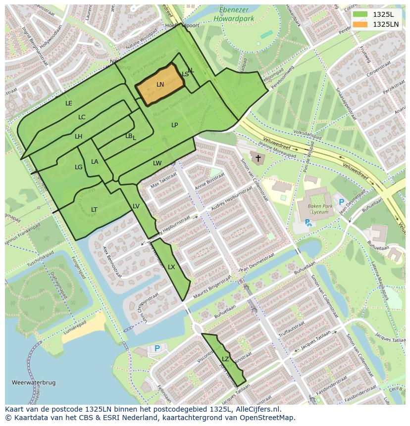 Afbeelding van het postcodegebied 1325 LN op de kaart.