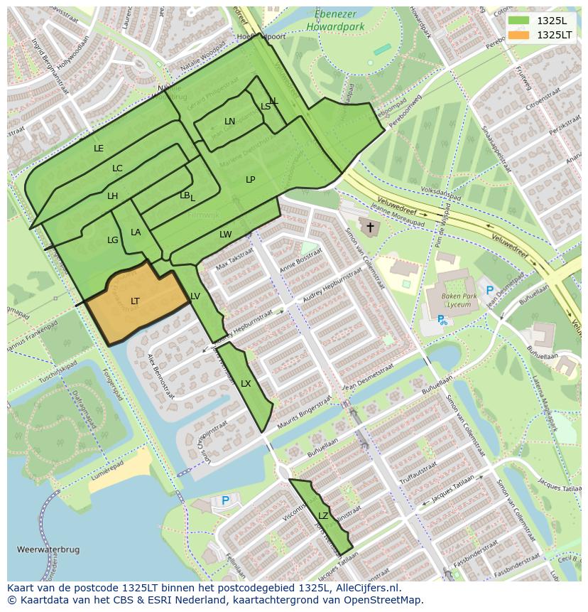 Afbeelding van het postcodegebied 1325 LT op de kaart.
