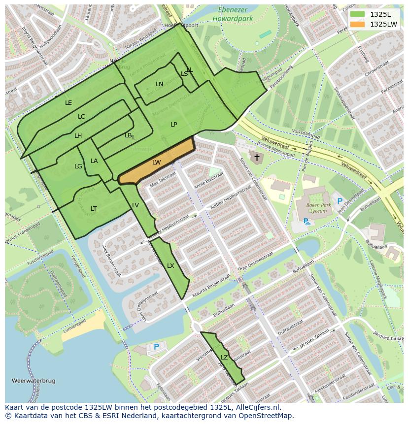 Afbeelding van het postcodegebied 1325 LW op de kaart.