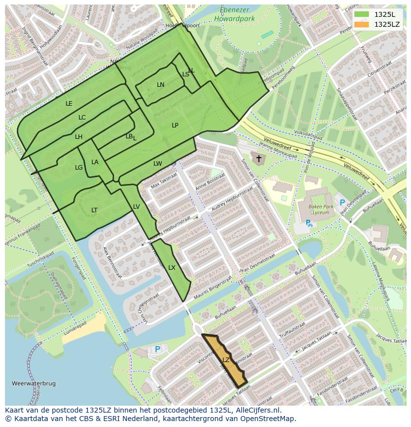Afbeelding van het postcodegebied 1325 LZ op de kaart.