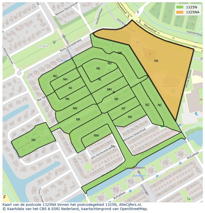Afbeelding van het postcodegebied 1325 NA op de kaart.