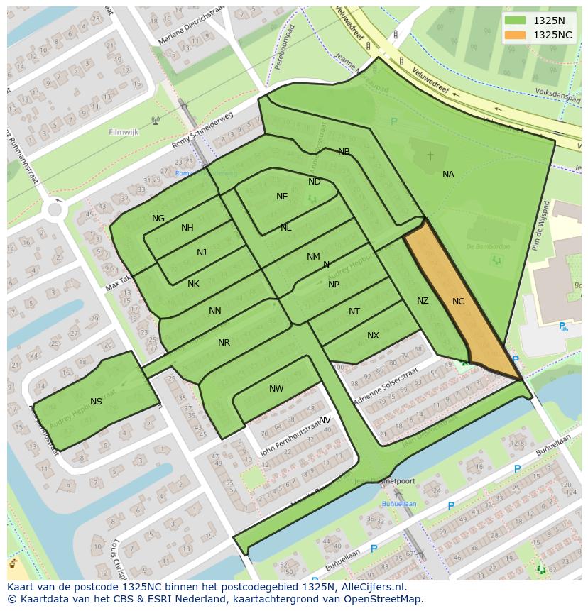 Afbeelding van het postcodegebied 1325 NC op de kaart.