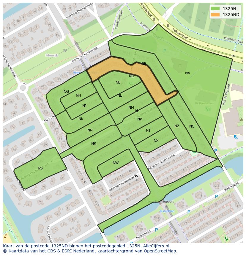 Afbeelding van het postcodegebied 1325 ND op de kaart.