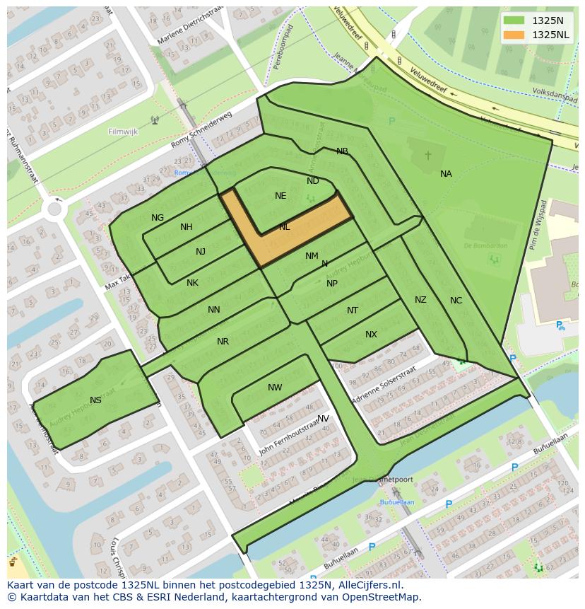 Afbeelding van het postcodegebied 1325 NL op de kaart.