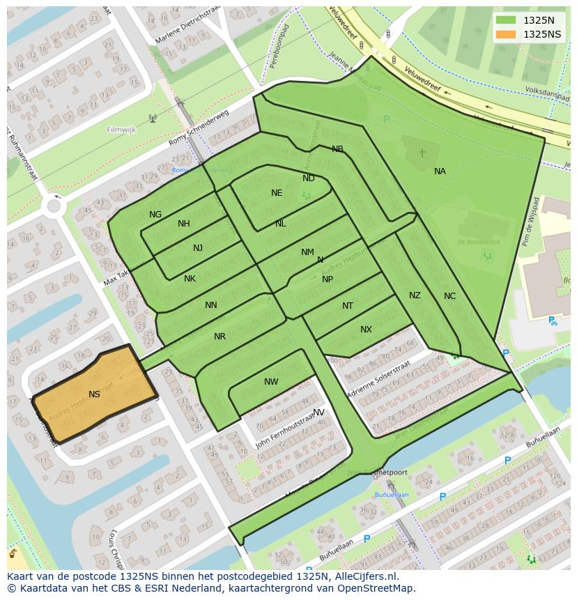 Afbeelding van het postcodegebied 1325 NS op de kaart.