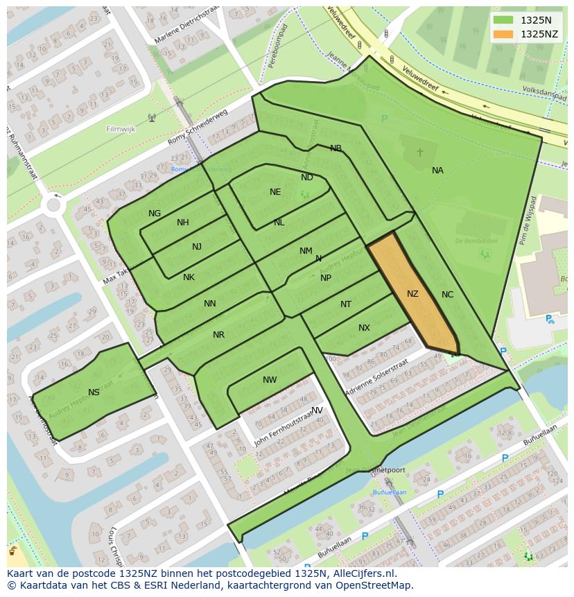 Afbeelding van het postcodegebied 1325 NZ op de kaart.